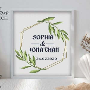 Wedding cross stitch pattern personalized Green leaf cross stitch pattern Instant download PDF