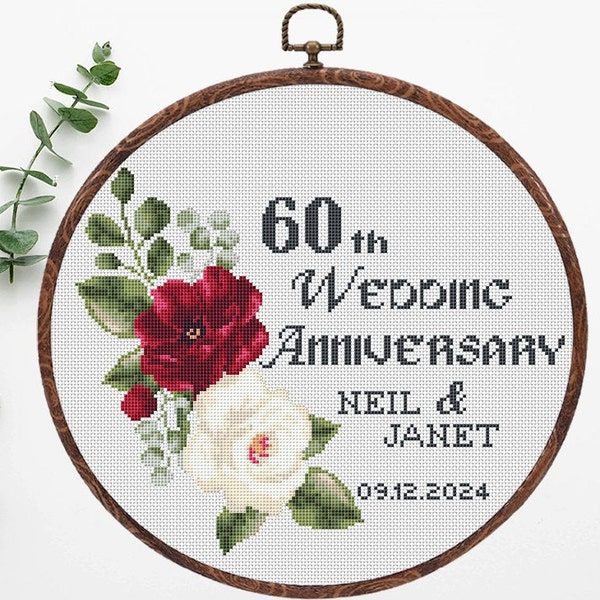Wedding Anniversary cross stitch pattern personalized Floral wreath burgundy  white rose Instant download PDF