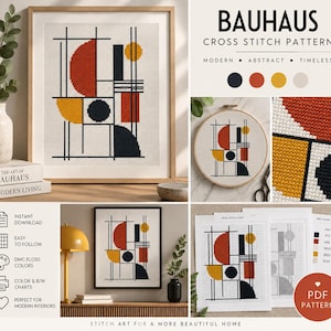 Op de afbeelding: Een Bauhaus kruissteekpatroon met abstracte geometrische vormen in rood, geel en donkerblauw op een wit raster. Het ontwerp bevat cirkels en rechthoeken doorsneden door zwarte lijnen, gepresenteerd als een digitale PDF-download met kleur- en zwart-witkaarten, een DMC-garenkleurenlijst en voorbeelden van het voltooide borduurwerk in een houten borduurring.