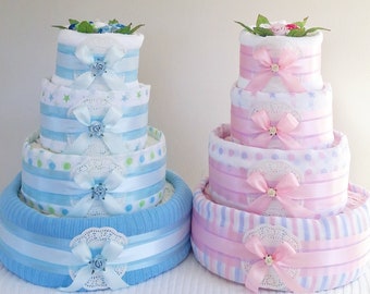 Nappy Cake - 4 Tier Silver - Baby Shower Gift Maternity New Baby Gift Hamper Sydney Melbourne Brisbane Canberra Australia