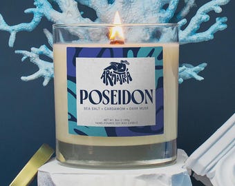 Poseidon Candle: Sea Salt, Dark Musk, Cardamom Scented - Greek God Altar Candle