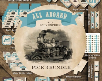 Imprimibles para baby shower con trenes, paquete imprimible con trenes, Choo Choo, decoración para baby shower con trenes, decoraciones vintage para baby shower con trenes, DIGITAL T8
