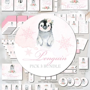 Pink Penguin Party Package Decoration Kit Winter Baby Shower Decor Baby Penguin Party Pack Arctic Animals Pick 3 Bundle DIGITAL P07