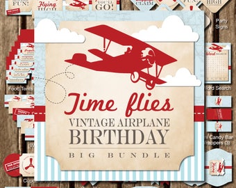 Vintage Airplane Birthday Party Pack Kit, Time Flies Party Decorations, Aviator 1st Birthday Party Decor, Printable Party Bundle