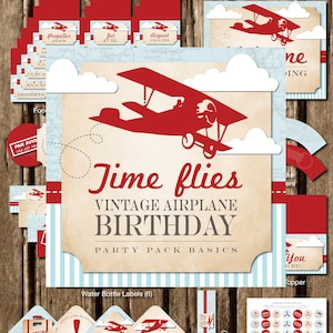 Vintage Airplane Birthday Party Pack Kit, Time Flies Party Decorations, Aviator 1st Birthday Party Decor, DIGITAL
