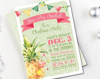 Tropical Christmas Party Invitation, Hawaiian Luau Party Invite, Pineapple Christmas Party, Aloha Invite, Holiday Open House