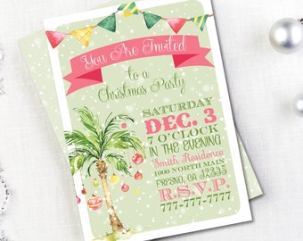 Tropical Christmas Party Invitation, Trendy Holiday Party, Christmas Palm Tree Invite, Jingle and Mingle, Hawaiian Luau, Holiday Open House