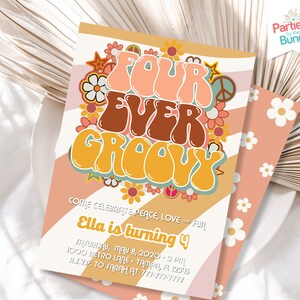 Four Ever Groovy Birthday Invitation Peace Love 70s Hippie Party Boho Retro Rainbow Floral 4th Birthday Party Invite #003