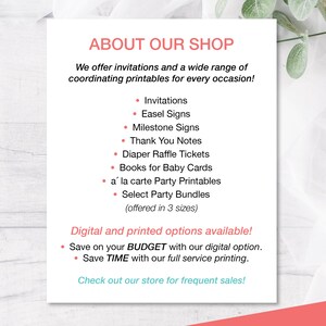 Puede incluir: Un dise&ntilde;o imprimible blanco y rosa con el texto "About Our Shop" y una lista de art&iacute;culos imprimibles que se ofrecen, incluyendo invitaciones, caballetes, letreros de hitos, notas de agradecimiento, boletos de rifa de pa&ntilde;ales, libros de tarjetas para beb&eacute;s, imprimibles de fiesta a la carta y paquetes de fiesta seleccionados. El texto "Digital and printed options available!" tambi&eacute;n est&aacute; incluido, junto con el texto "Save on your BUDGET with our digital option." y "Save TIME with our full service printing."