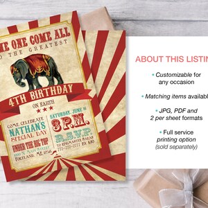 May include: Red and white striped circus themed birthday invitation with an illustration of an elephant. The invitation says "Come one come all to the greatest 4th birthday on earth".