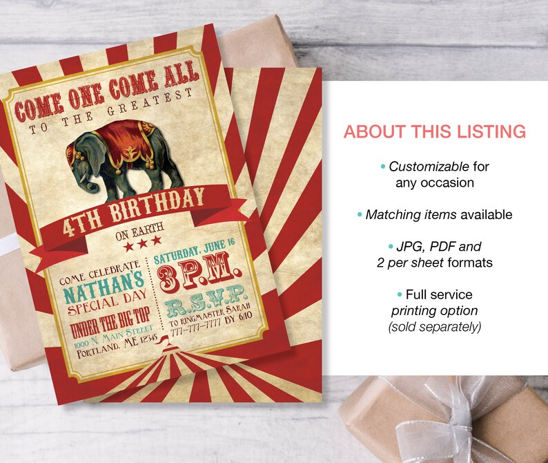 May include: Red and white striped circus themed birthday invitation with an illustration of an elephant. The invitation says "Come one come all to the greatest 4th birthday on earth".
