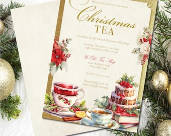 EDITABLE Christmas Tea Party Invitation: Festive Holiday Brunch (Corjl Template) CT1 CR1