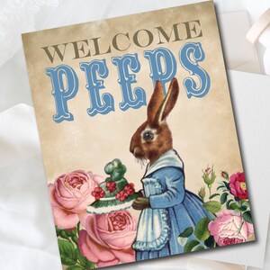May include: A vintage-style illustration of a brown rabbit wearing a blue dress and holding a plate of pastel-coloured Peeps. The background features a tan banner with the text "WELCOME PEEPS" in blue and gold lettering, surrounded by pink roses.