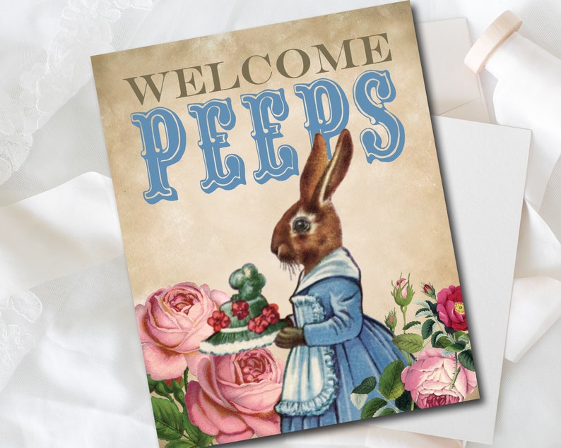 May include: A vintage-style illustration of a brown rabbit wearing a blue dress and holding a plate of pastel-coloured Peeps. The background features a tan banner with the text "WELCOME PEEPS" in blue and gold lettering, surrounded by pink roses.