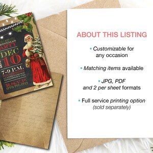 May include: A printable invitation for a Christmas party with a vintage style illustration of Santa Claus holding a Christmas tree. The invitation is customizable for any occasion and includes matching items available in JPG, PDF, and 2 per sheet formats. A full service printing option is also available.