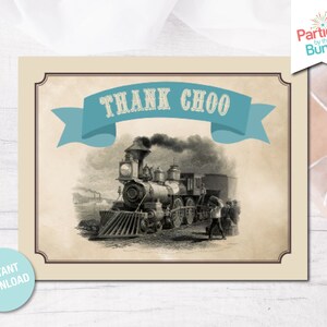 Op de afbeelding: Een vintage-stijl bedankkaart met een blauwe banner waarop "Thank Choo" staat. De kaart heeft een zwart-witte illustratie van een stoomtrein.