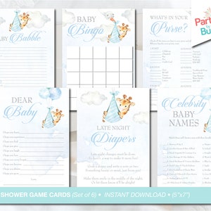 Juegos para baby shower con jirafas azules Bingo para bebés Balbuceo para bebés ¿Qué hay en tu bolso? Pañales para la noche Imprimibles de safari para bebés DESCARGA INMEDIATA G3