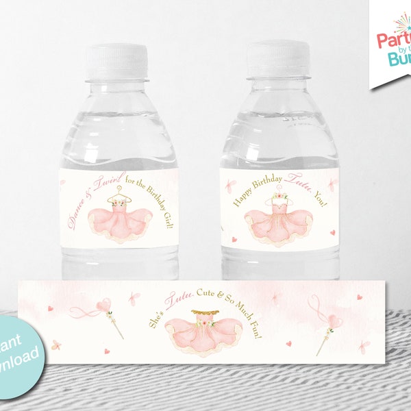 Pink Tutu Water Bottle Labels, Printable Water Bottle Wrapper, Ballerina Birthday DIY Printable, Ballet Party Favors, INSTANT DOWNLOAD