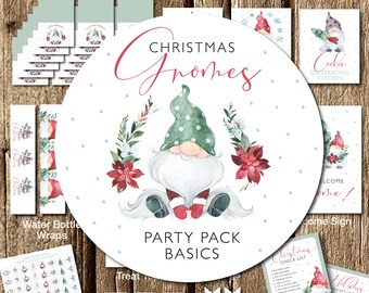May include: A printable party pack for a Christmas Gnome themed party. The pack includes a banner, water bottle wraps, Hershey Kiss circles, mini candy bar wrappers, straw flags, Christmas lists, and a welcome sign. The design features a watercolor gnome with a red hat and a green beard.
