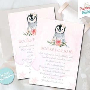 Boeken voor babykaart, roze pinguïn babyshower, boeken voor baby invoegen, kaart voor boekverzoek, afdrukbaar inlegvel, INSTANT DOWNLOAD P07