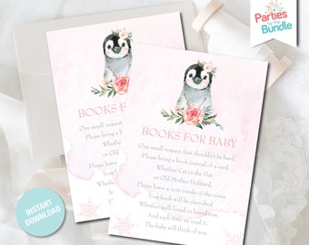 Może przedstawiać: Różowa i biała karta do druku na baby shower z ilustracją pingwina i tekstem "KSIĄŻKI DLA DZIECKA". Karta prosi gości o przyniesienie książki zamiast karty dla dziecka.