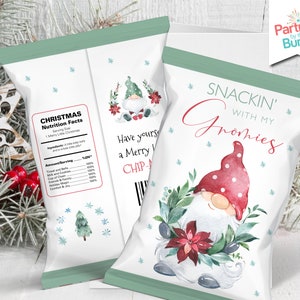 Torebki na chipsy świąteczne, opakowanie na torebki z chipsami Gnomes, drukowane upominki na przyjęcie świąteczne, opakowania na przekąski Snackin' with my Gnomies, natychmiastowe pobranie