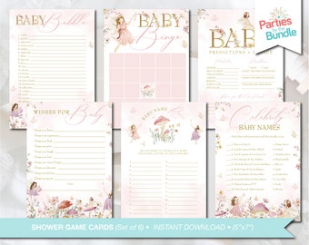 May include: Set of six printable baby shower game cards featuring a whimsical fairy and mushroom theme. The cards include games like Baby Babble, Baby Bingo, Wishes for Baby, Baby Name, Predictions and Advice, and Celebrity Baby Names.