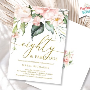 Invitation de fête d&#39;anniversaire 80e, invitation d&#39;anniversaire aquarelle florale rose, 80 et fabuleuse invitation d&#39;anniversaire surprise pour les femmes