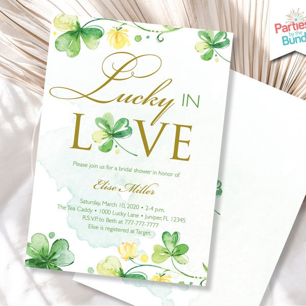 St Patrick's Day Bridal Shower Invitation, Lucky in Love, Shamrock Bridal Shower Invite, Four Leaf Clover, Irish Bridal Shower, St Paddys