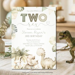 May include: A birthday invitation with a dinosaur theme. The invitation features the text "TWO rex" and details for Steven Ryan's 3rd birthday. The design includes watercolor illustrations of dinosaurs and tropical foliage, with the event details in a soft, elegant font.