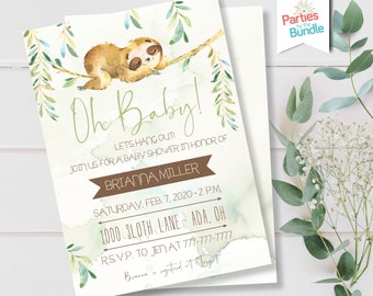 May include: A baby shower invitation with a watercolour background featuring a sloth hanging from a branch. The invitation reads "Oh Baby! Let's hang out! Join us for a baby shower in honour of Brianna Miller. Saturday, Feb. 7, 2020 - 2 p.m. 1000 Sloth Lane - Ada, OH. RSVP to Jen at 777-777-7777. Brianna is registered at Target."