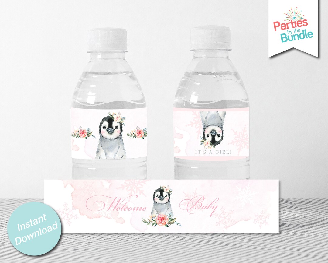 Pink Penguin Water Bottle Labels, Printable Water Bottle Wrappers ...