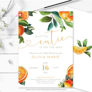 Könnte beinhalten: Einladung zur Babyparty mit Aquarell-Orangenscheiben und grünen Blättern. Die Einladung lautet "A Little Cutie is on the Way!" und enthält Details für Olivias Babyparty am 16. Juni 2026.