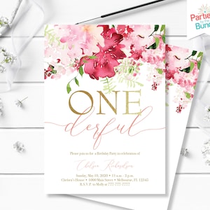 Floral Onederful Birthday Invitation, Little Miss Onederful Invite, Pink Floral First Birthday, Girl 1st Birthday, Isn't She Onederful #002