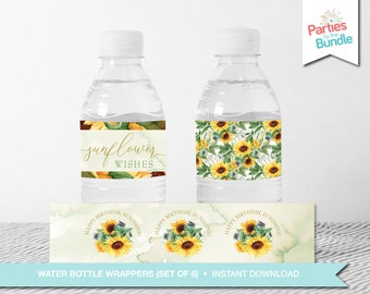 May include: Two clear water bottles with sunflower-themed labels. One label reads "sunflower wishes" in gold script. The other bottle has a pattern of sunflowers and green leaves. Below are three matching labels with the text "HAPPY BIRTHDAY, SUNSHINE!"