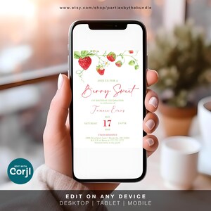 EDYTOWALNE Zaproszenie na 1. urodziny Berry Sweet | Zaproszenie Sweet One Strawberry dla dziewczynki | Motyw letnich owoców | Szablon Corjl BS2 zdjęcie 6