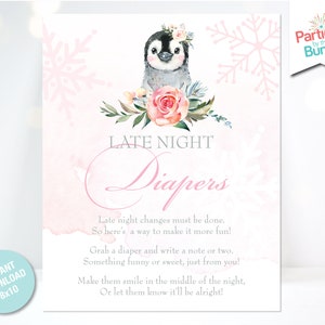 Pink Penguin Late Night Diapers Winter Baby Shower Diaper Thoughts Sign Diaper Notes Printable Diaper Game INSTANT DOWNLOAD P07