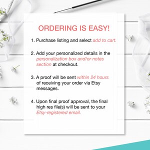 May include: A white card with black text outlining the steps for ordering a personalised product. The text reads "ORDERING IS EASY!" followed by four numbered steps.