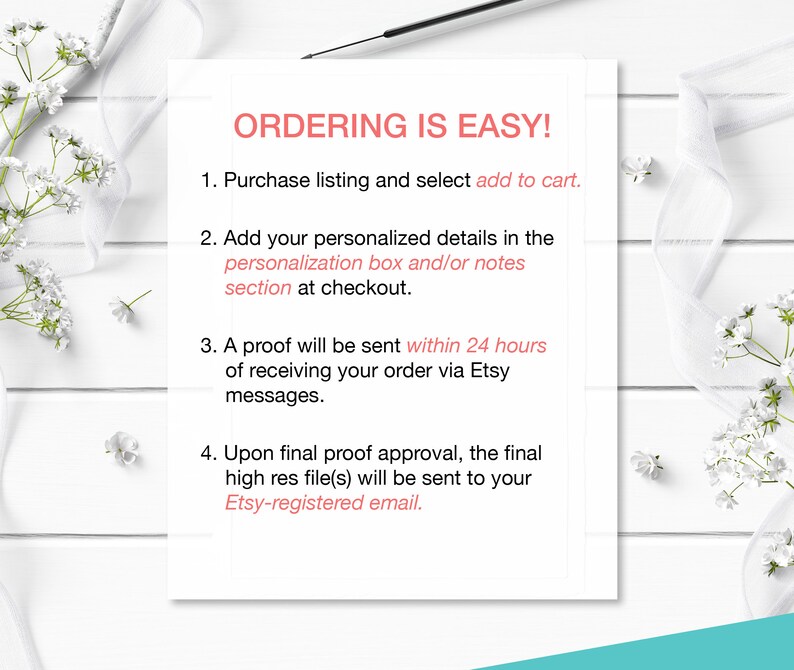 May include: A white card with black text outlining the steps for ordering a personalised product. The text reads "ORDERING IS EASY!" followed by four numbered steps.