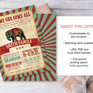 Puede incluir: Una invitaci&oacute;n de baby shower de tem&aacute;tica de circo en rojo, blanco y azul con un elefante de dibujos animados. La invitaci&oacute;n dice "Come One Come All" y "Celebrating the Upcoming Arrival of Baby Brandon".
