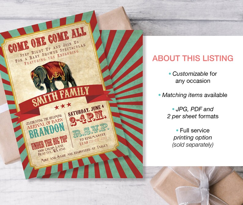 Puede incluir: Una invitaci&oacute;n de baby shower de tem&aacute;tica de circo en rojo, blanco y azul con un elefante de dibujos animados. La invitaci&oacute;n dice "Come One Come All" y "Celebrating the Upcoming Arrival of Baby Brandon".