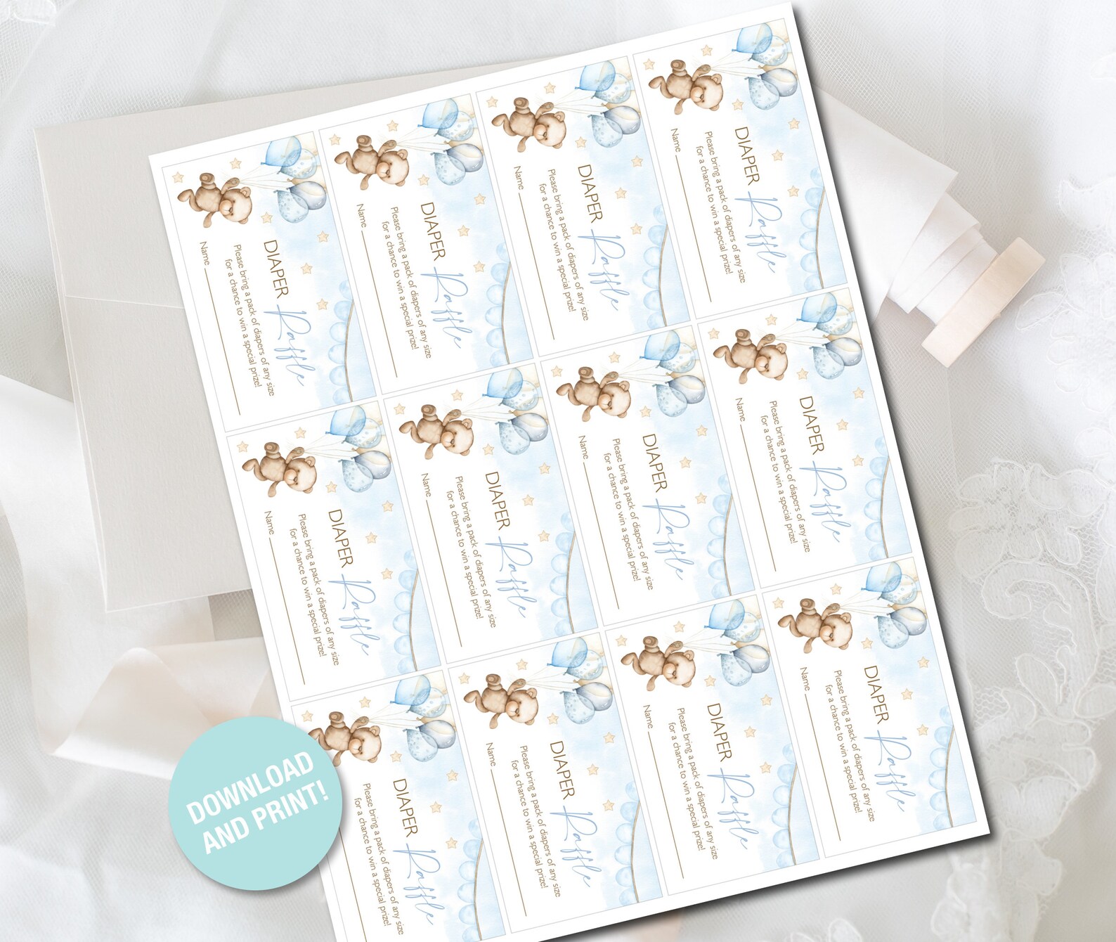 Diaper Raffle Ticket Blue Teddy Bear Baby Shower Printable | Etsy