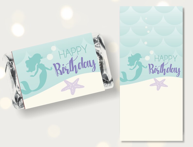 Puede incluir: Un dise&ntilde;o imprimible para una fiesta de cumplea&ntilde;os con tem&aacute;tica de sirena. El dise&ntilde;o presenta una silueta de sirena, una estrella de mar y el texto "Feliz cumplea&ntilde;os".