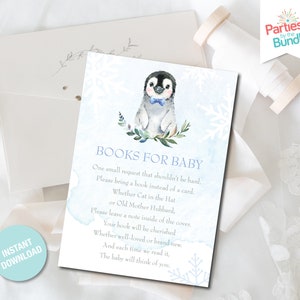 Boeken voor babykaart, blauwe pinguïn babyshower, boeken voor baby invoegen, kaart voor boekverzoek, afdrukbare invoeging, neem een boek mee, INSTANT DOWNLOAD