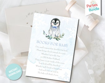 Może przedstawiać: Niebieskie i białe zaproszenie na baby shower z ilustracją pingwina. Tekst brzmi "Książki dla dziecka" i zawiera prośbę o przyniesienie książki zamiast karty.