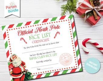 Pode incluir: Um certificado imprimível com uma borda listrada vermelha e verde. O certificado diz "Official North Pole Nice List Certificate". Os duendes do Pólo Norte desejam que se saiba que [name] foi oficialmente colocado na lista dos bons do Papai Noel. O certificado é pessoalmente certificado pelo Papai Noel e tem um selo vermelho que diz "Nice List Santa Claus Certified Approved".