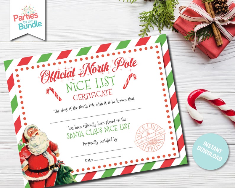 Official Santa Claus Nice List Certificate, Letter From Santa, North ...