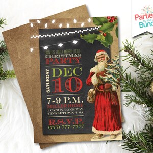 May include: A Christmas party invitation with a chalkboard background, white lights, and a vintage illustration of Santa Claus. The text reads "Join us for a Merry Little Christmas Party, Saturday Dec 10, 7-9 PM, Miller Home, 1 Candy Cane Way, Tinsletown USA, RSVP (777) 777-7777".