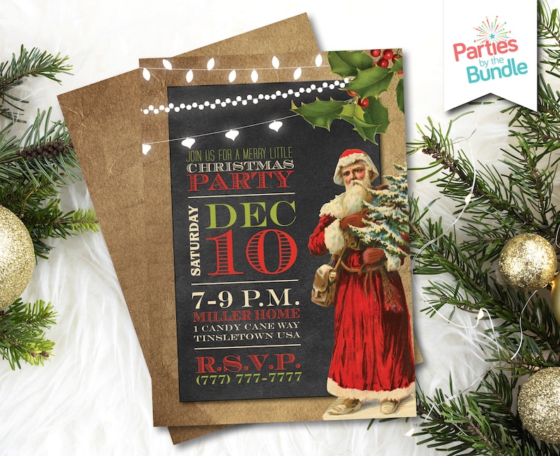 May include: A Christmas party invitation with a chalkboard background, white lights, and a vintage illustration of Santa Claus. The text reads "Join us for a Merry Little Christmas Party, Saturday Dec 10, 7-9 PM, Miller Home, 1 Candy Cane Way, Tinsletown USA, RSVP (777) 777-7777".