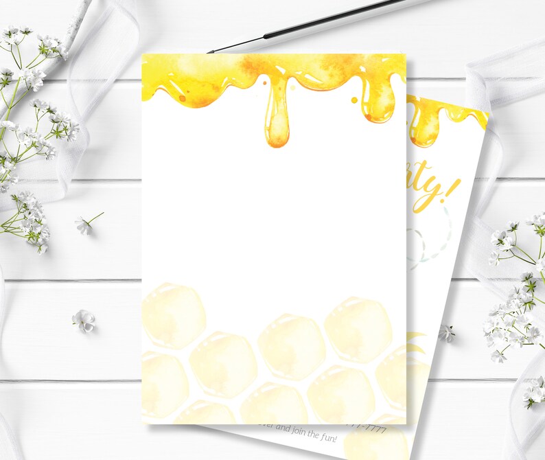 May include: A honey-themed party invitation featuring a yellow honeycomb pattern and dripping honey at the top. The text "Party!" is visible in the corner.